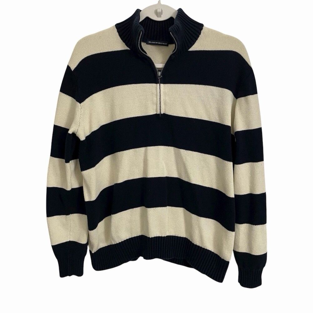 Brandy Melville Aleah Sweater OS Blue Ivory Striped Preppy Cotton 1/4 Zip Fall
